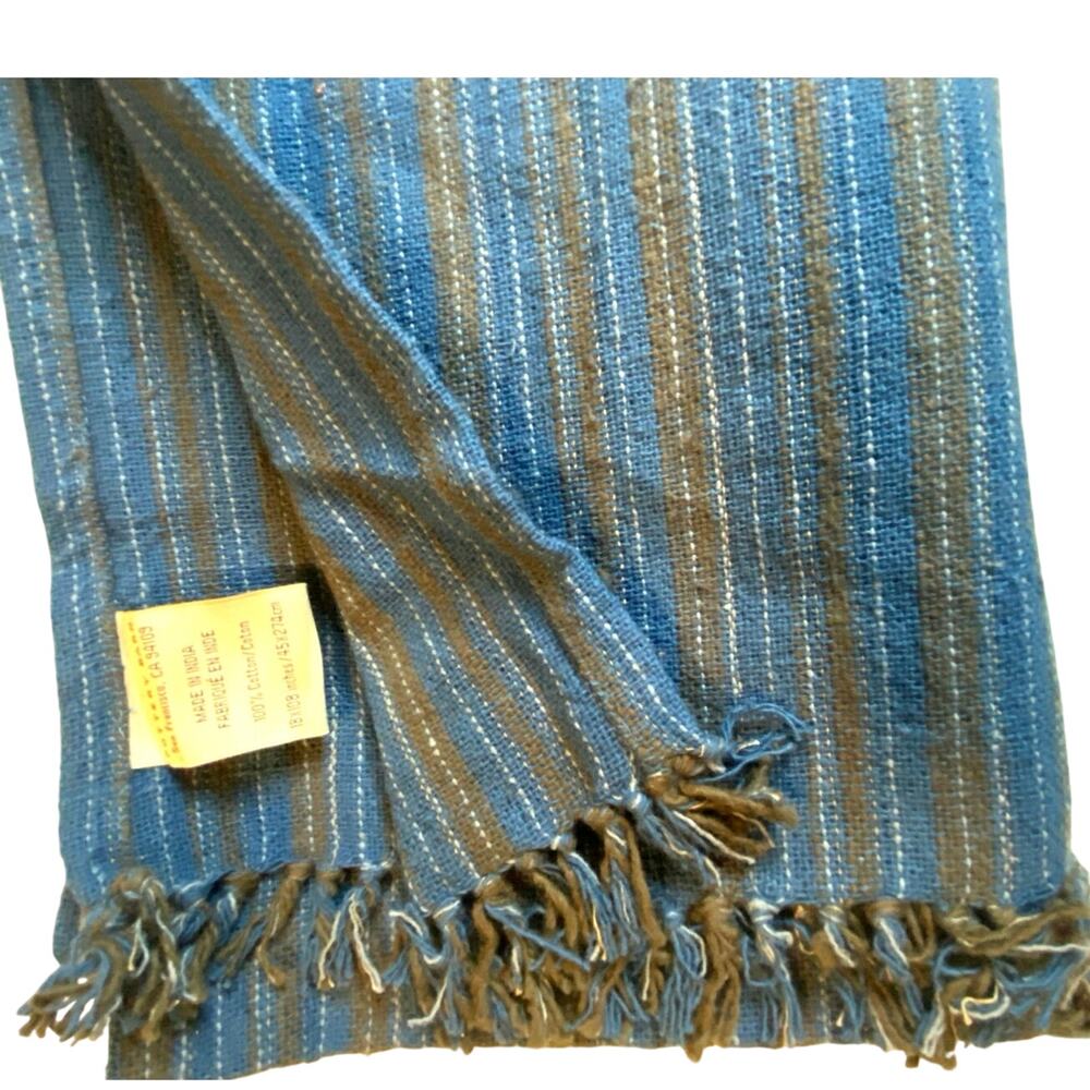 Vintage Blue‎ Brown striped Cotton Fringed 18 x 108 POTTERY BARN Table Runner